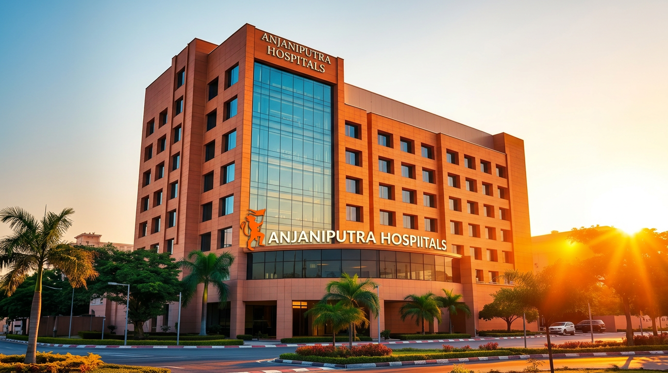 Anjaniputra Hospitals Hyderabad flagship building exterior at golden hour